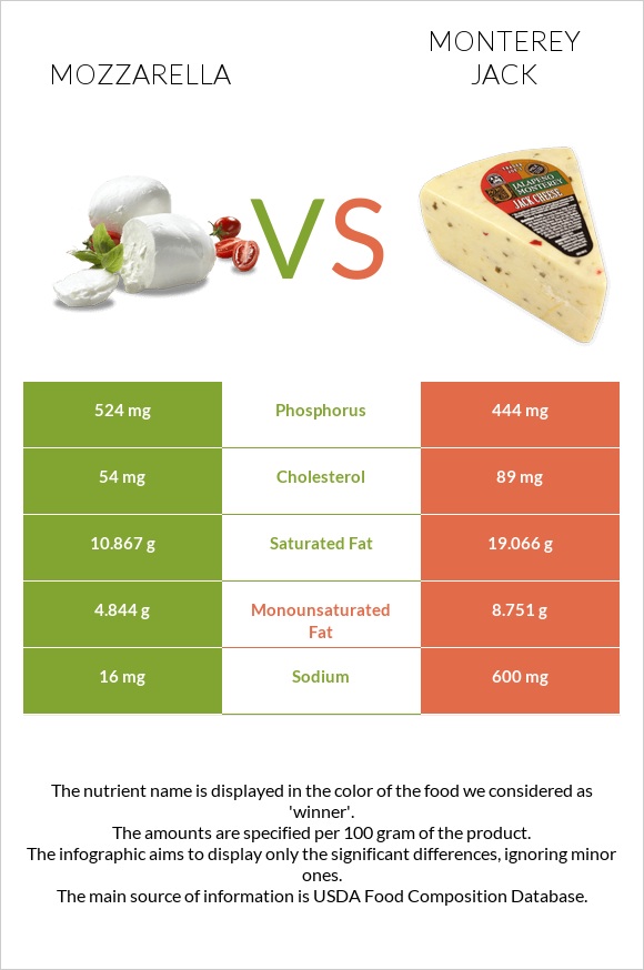 Mozzarella vs Monterey Jack infographic