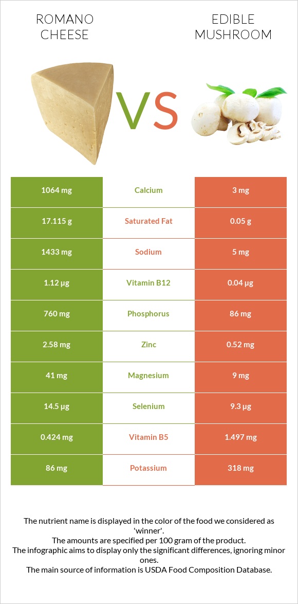 Romano cheese vs Edible mushroom infographic