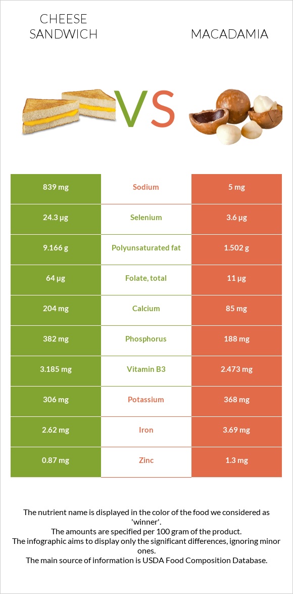 Cheese sandwich vs Macadamia infographic