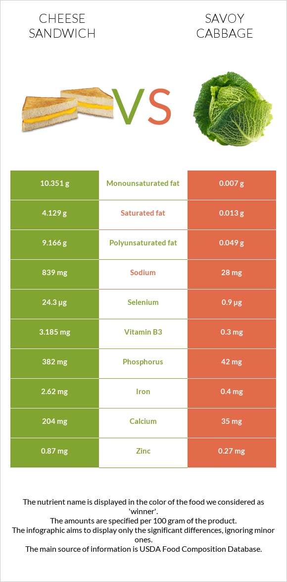 Պանրով սենդվիչ vs Սավոյան կաղամբ infographic