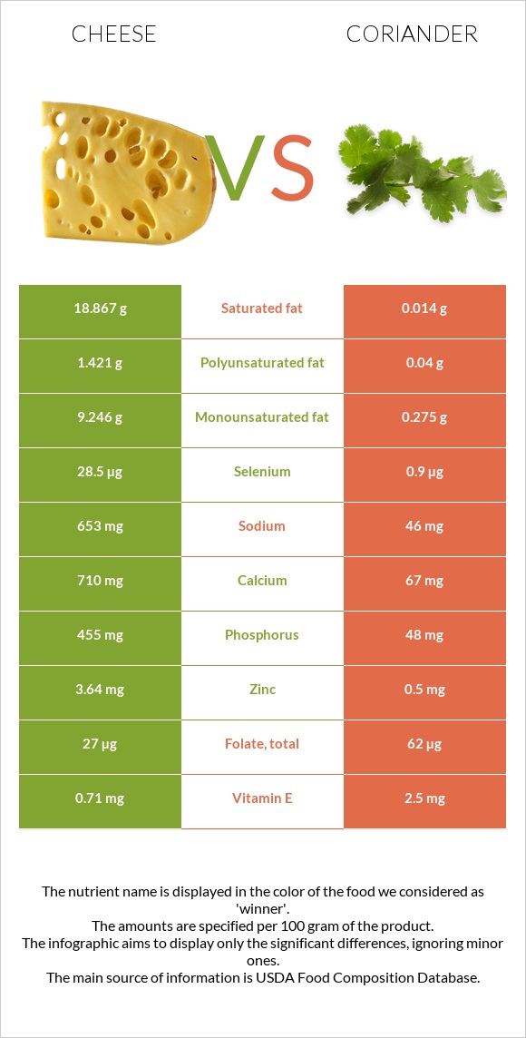 Cheese vs Coriander infographic