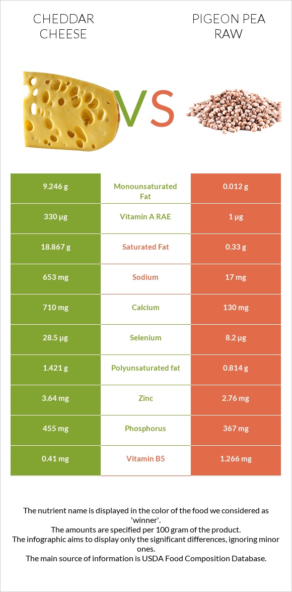 Cheddar Cheese vs Pigeon pea raw infographic