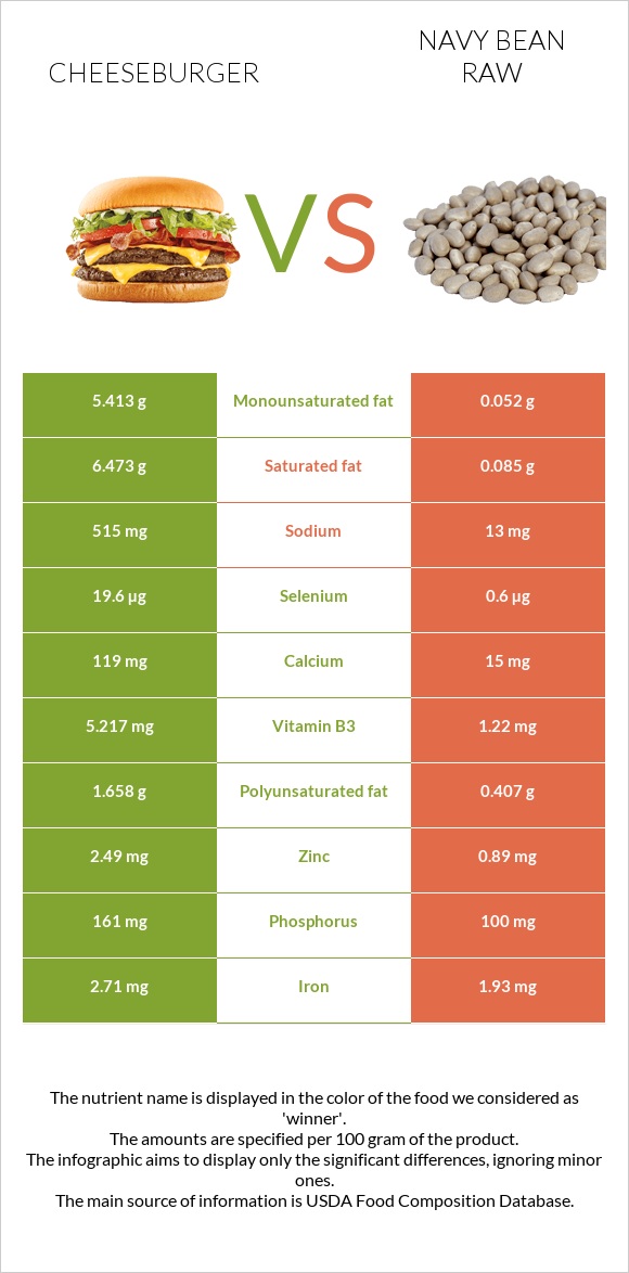 Cheeseburger vs Navy bean raw infographic