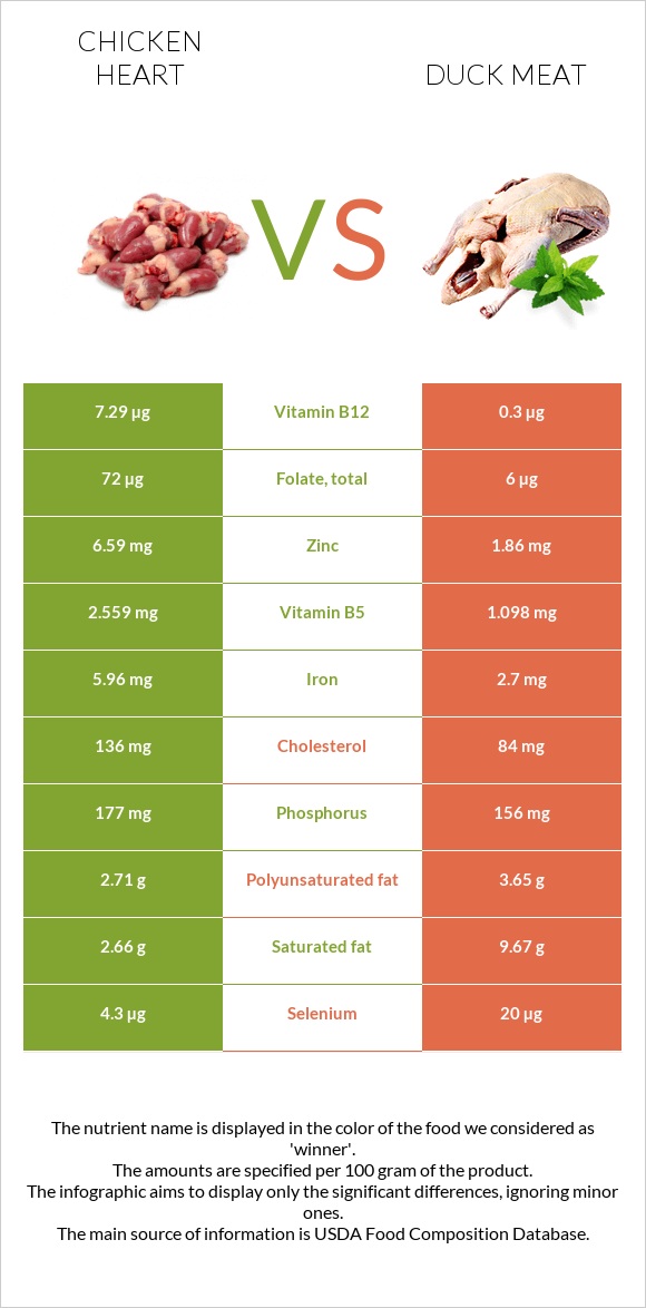 Հավի սիրտ vs Բադի միս infographic