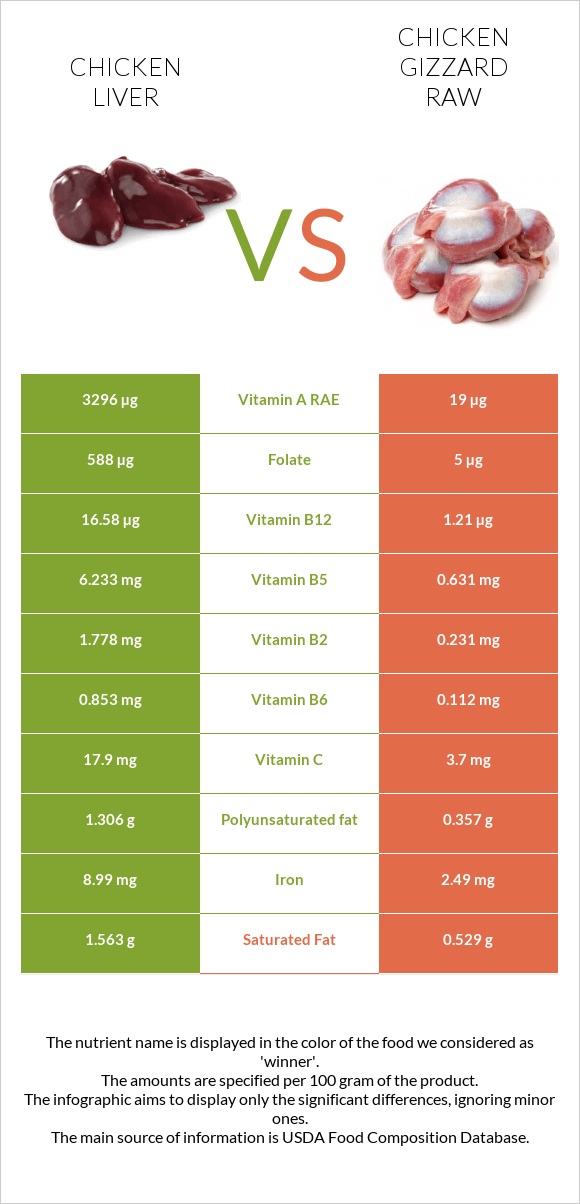 Chicken liver vs Chicken gizzard raw infographic