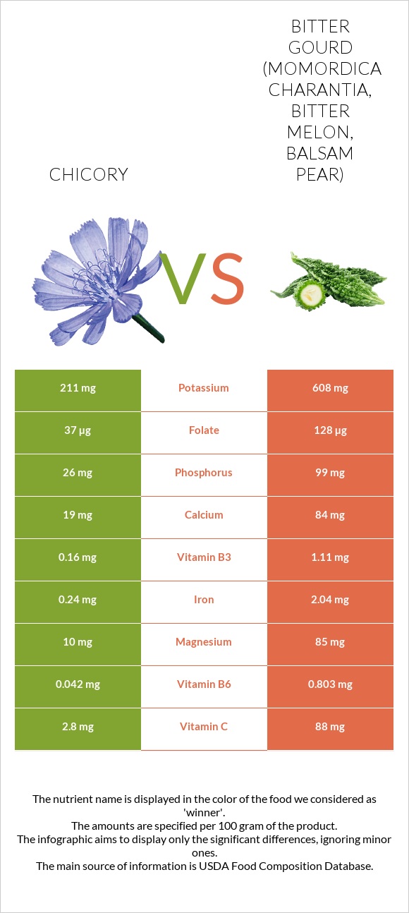 Chicory vs Bitter gourd (Momordica charantia, bitter melon, balsam pear) infographic