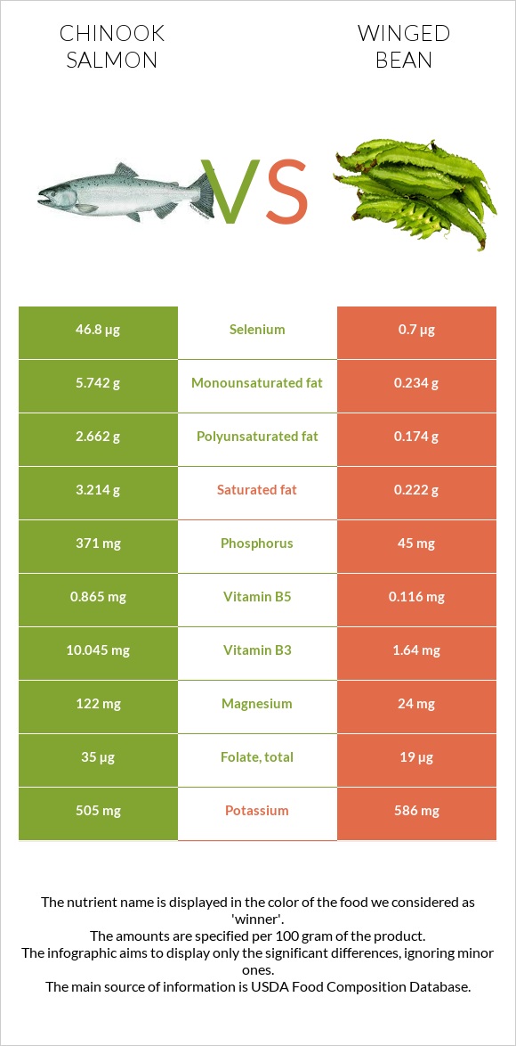 Chinook salmon vs Winged bean infographic