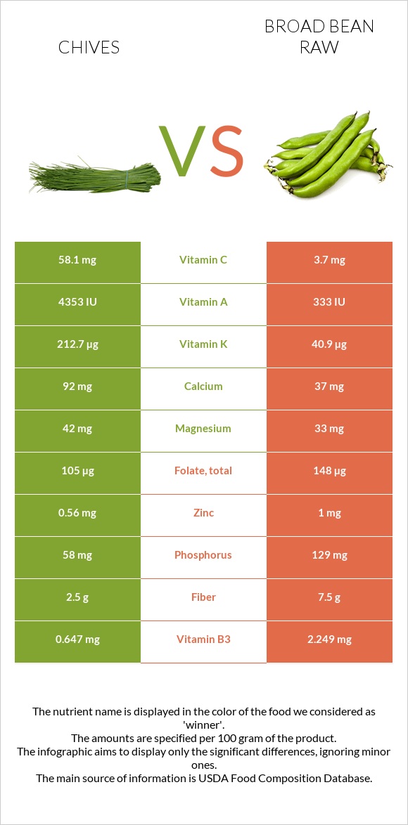 Chives vs Broad bean raw infographic
