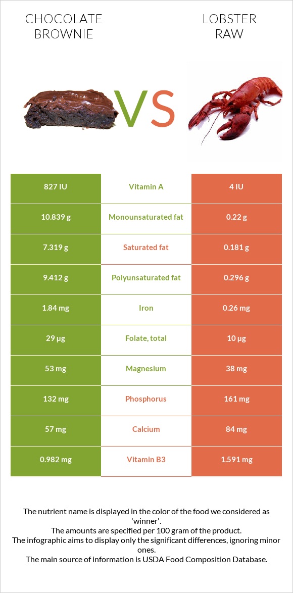 Chocolate brownie vs Lobster Raw infographic