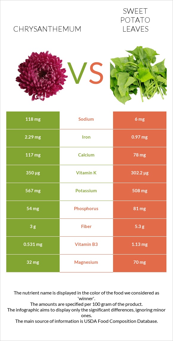 Քրիզանթեմ vs Sweet potato leaves infographic