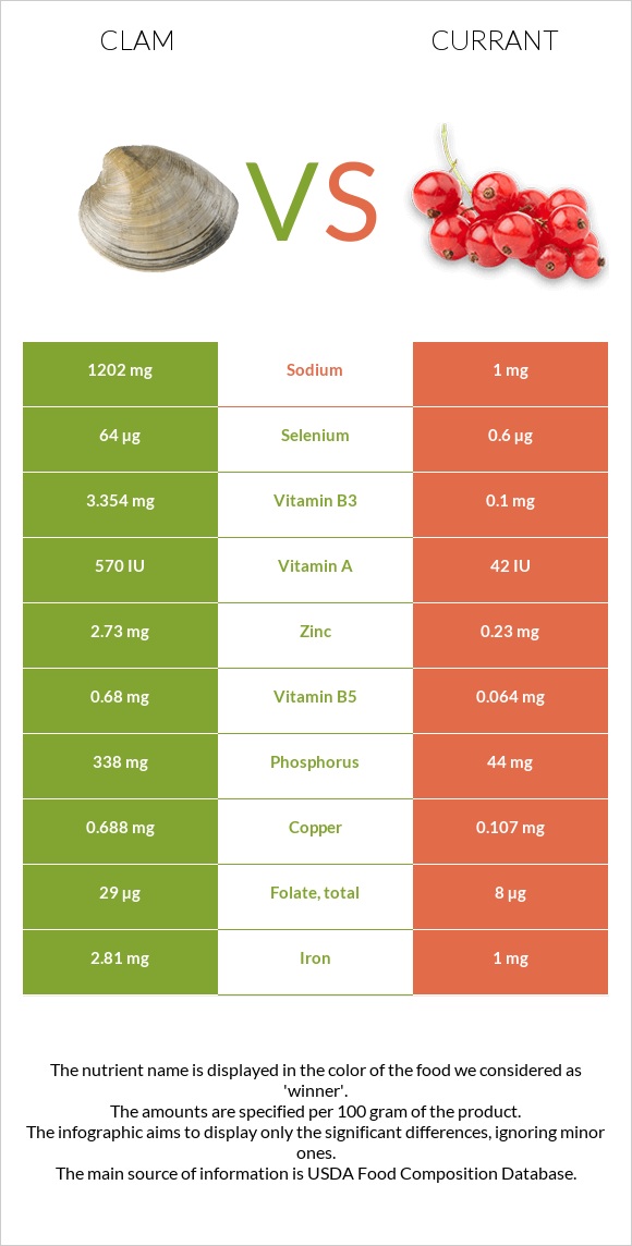 Clam vs Currant infographic