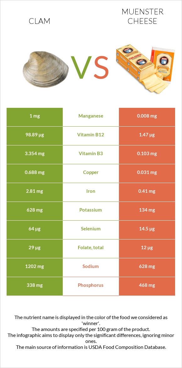 Clam vs Muenster cheese infographic