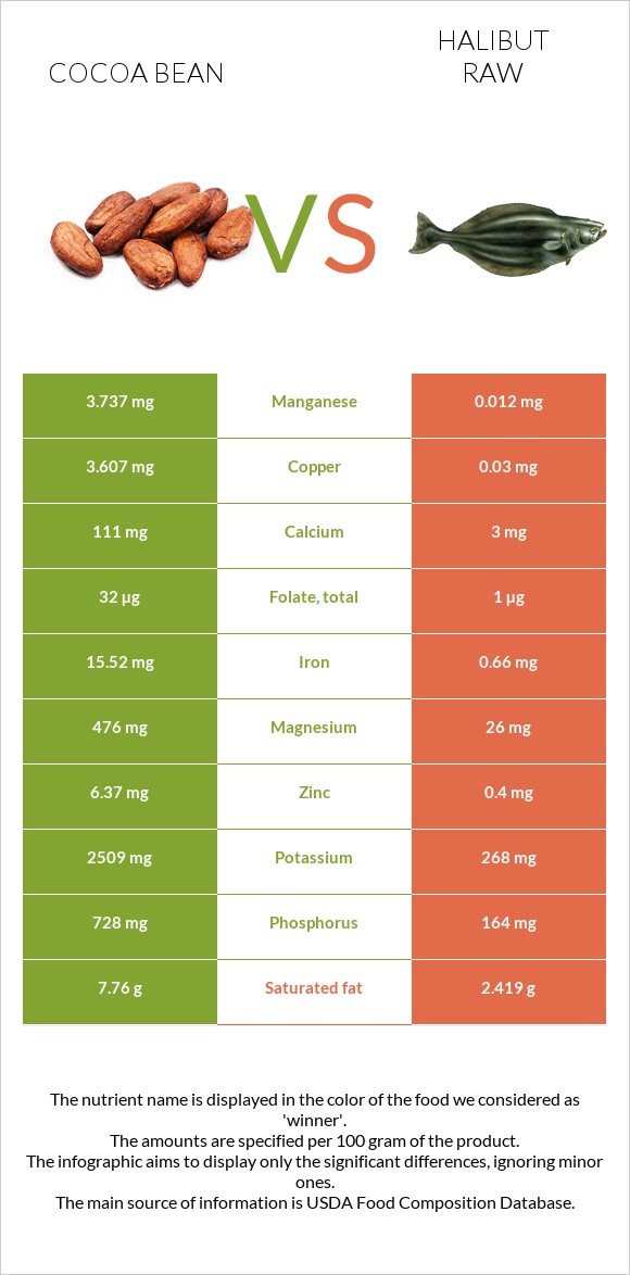 Cocoa bean vs Halibut raw infographic