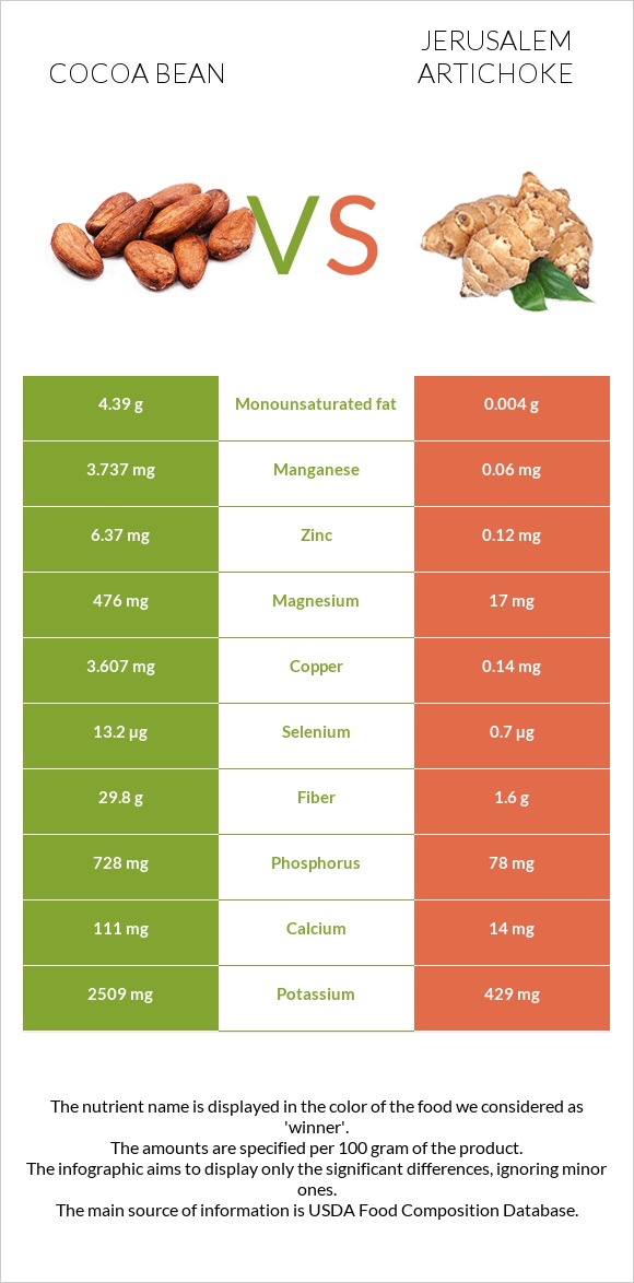 Cocoa bean vs Jerusalem artichoke infographic