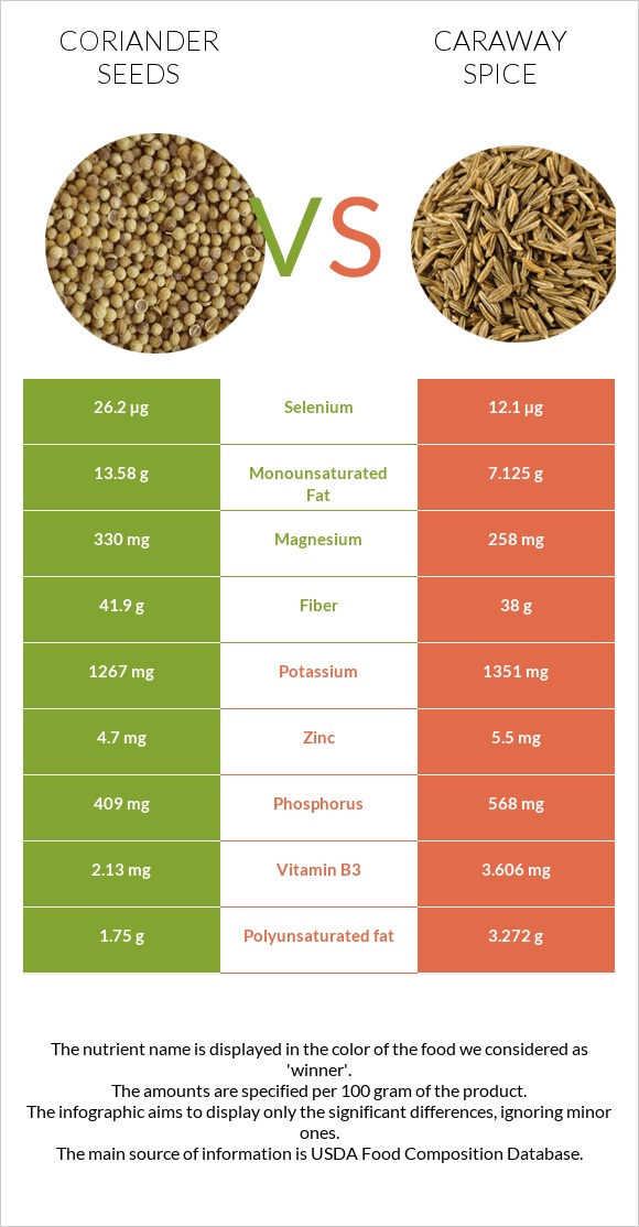 Coriander seeds vs Caraway spice infographic