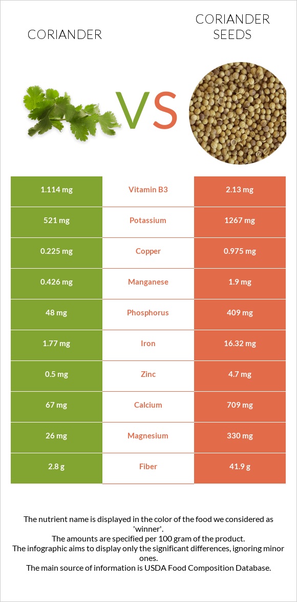 Coriander vs Coriander seeds infographic