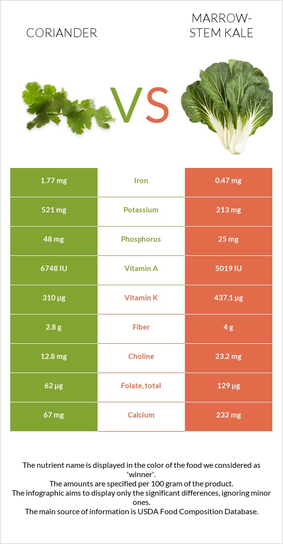 Coriander vs Marrow-stem Kale infographic