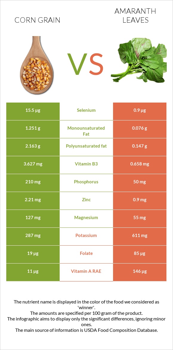 Corn grain vs Ամարանթի տերևներ infographic