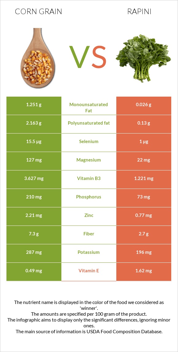 Corn grain vs Rapini infographic