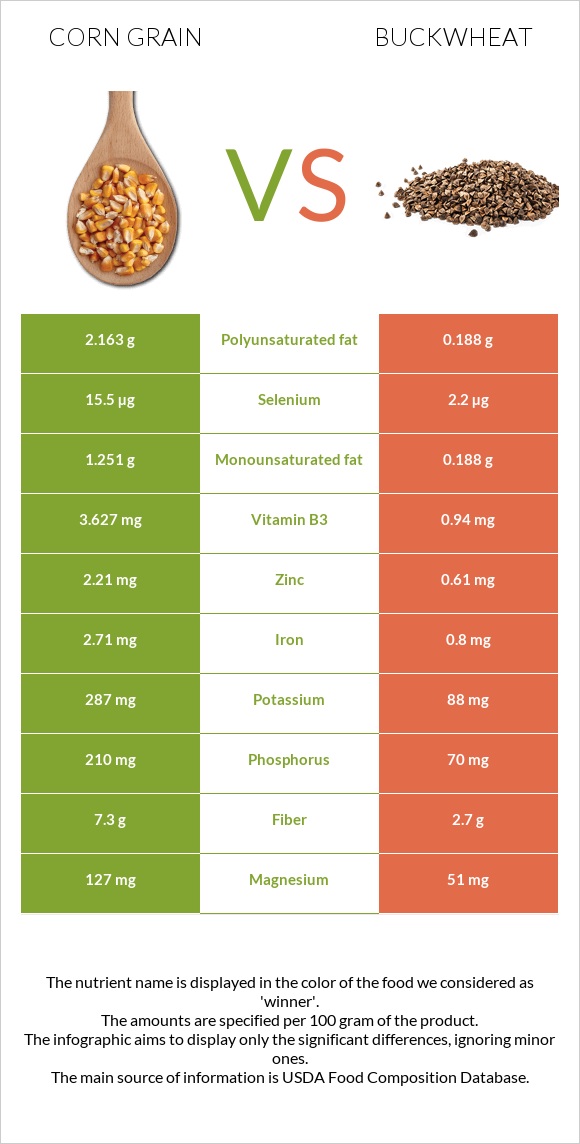 Corn grain vs Buckwheat infographic