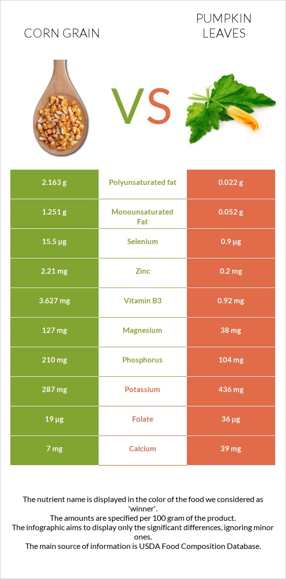 Corn grain vs Pumpkin leaves infographic