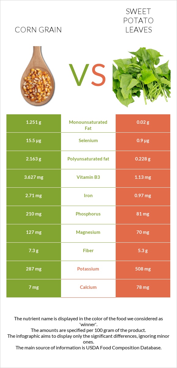 Corn grain vs Sweet potato leaves infographic