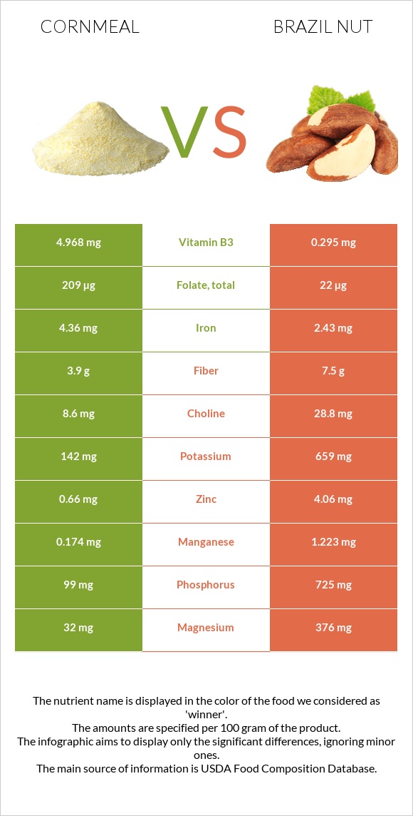 Cornmeal vs Brazil nut infographic