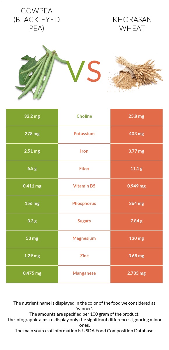 Cowpea (Black-eyed pea) vs Khorasan wheat infographic