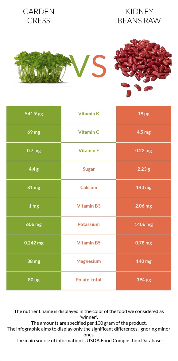 Garden cress vs Kidney beans raw infographic