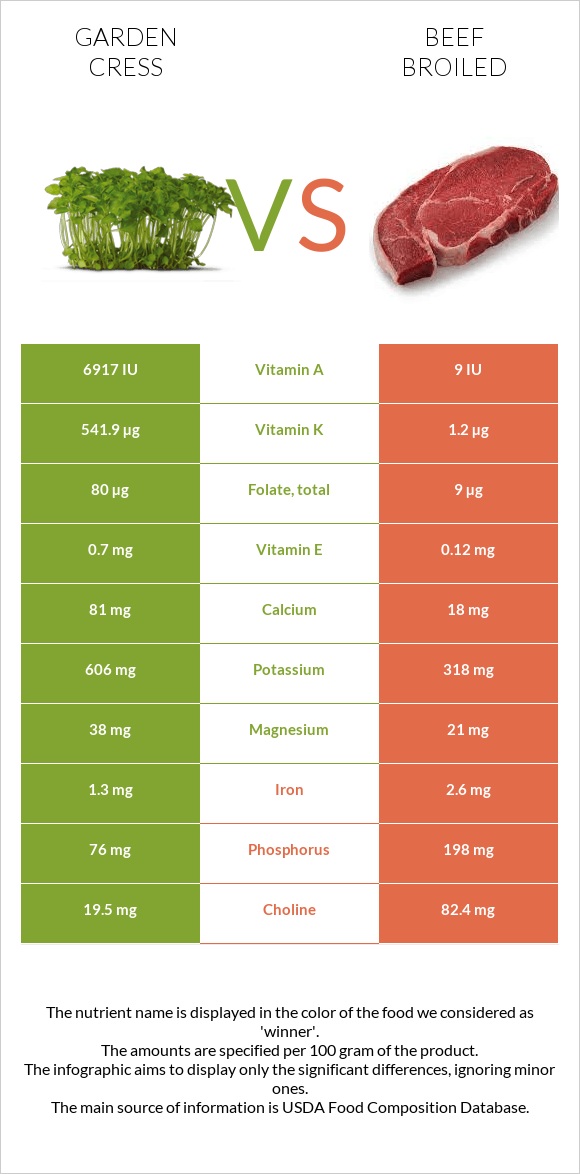 Garden cress vs Beef broiled infographic