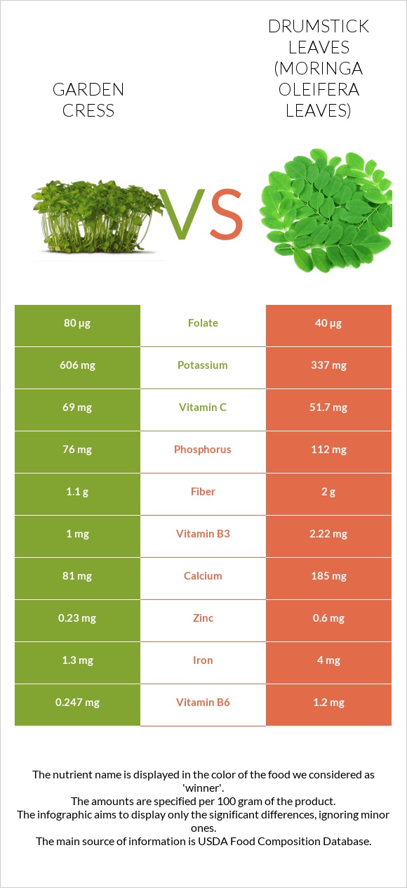 Garden cress vs Drumstick leaves infographic