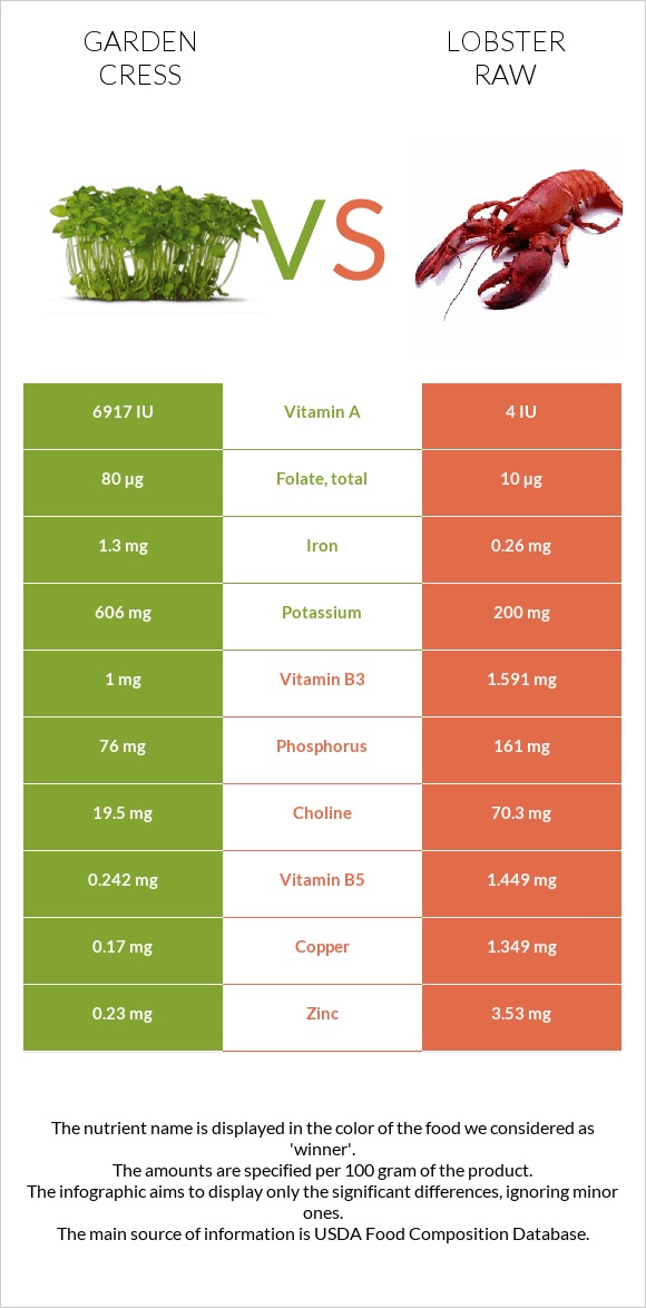 Garden cress vs Lobster Raw infographic