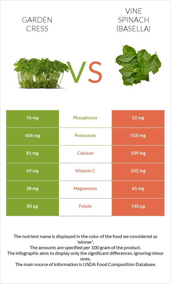 Garden cress vs Vine spinach (basella) infographic