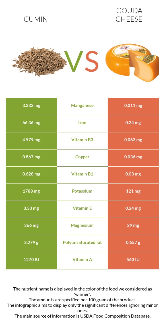 Cumin vs Gouda cheese infographic