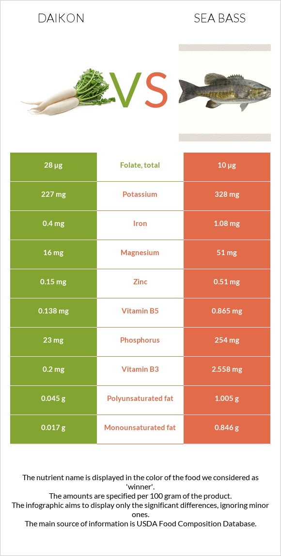 Daikon vs Sea bass infographic