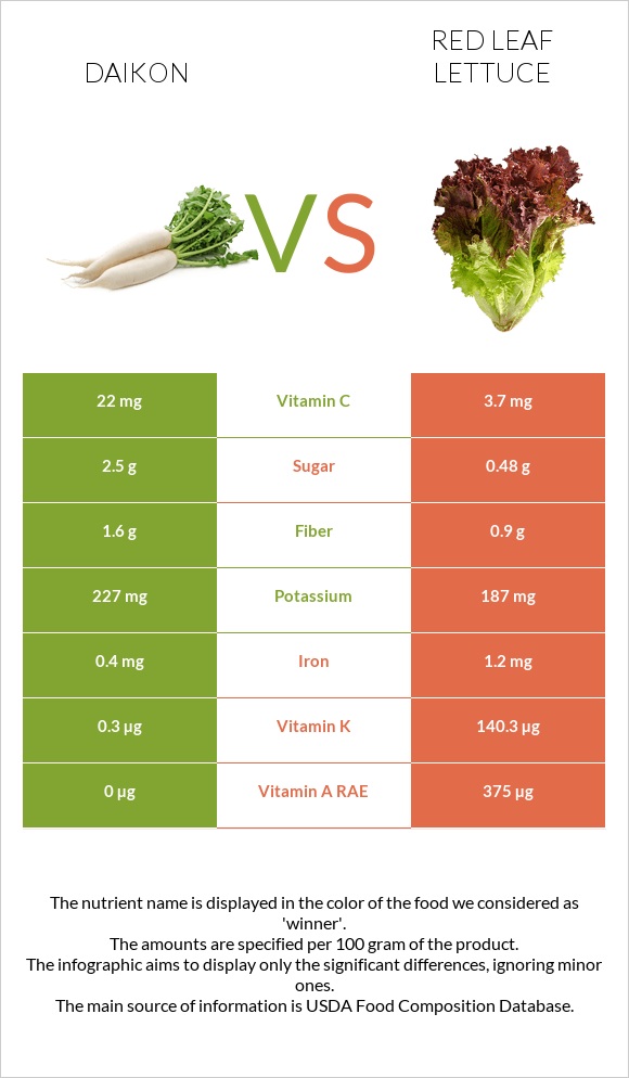 Ճապոնական բողկ vs Red leaf lettuce infographic
