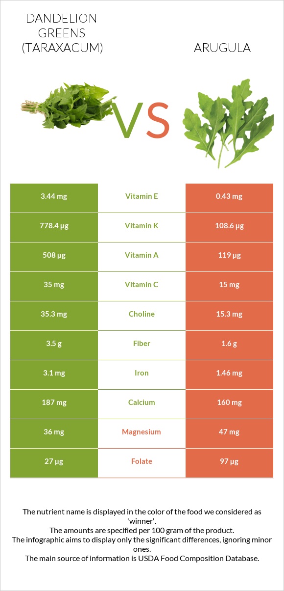 Dandelion greens vs Arugula infographic