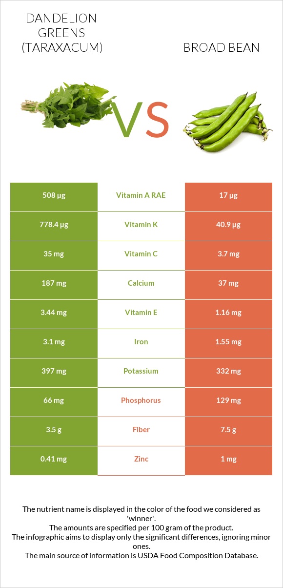 Dandelion greens vs Broad bean infographic
