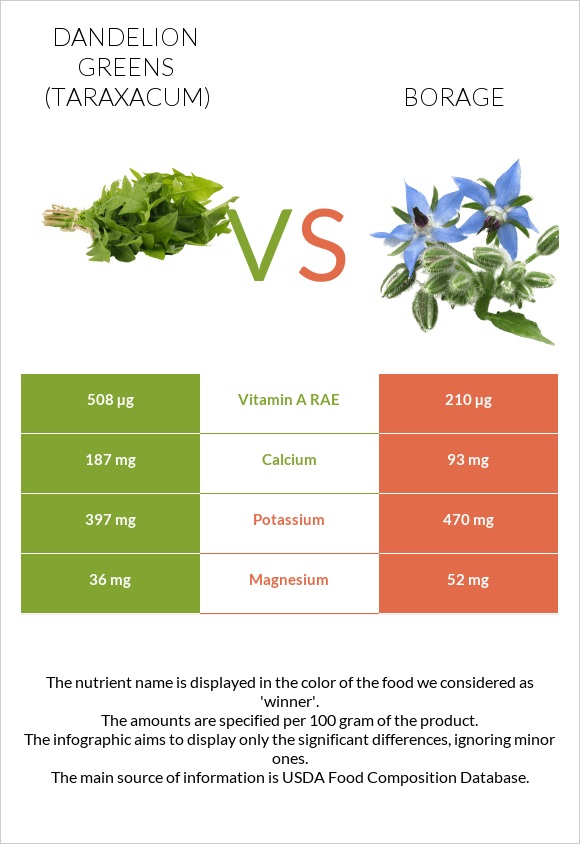 Dandelion greens vs Borage infographic