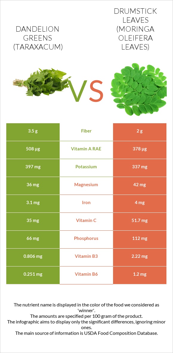 Dandelion greens vs Drumstick leaves infographic