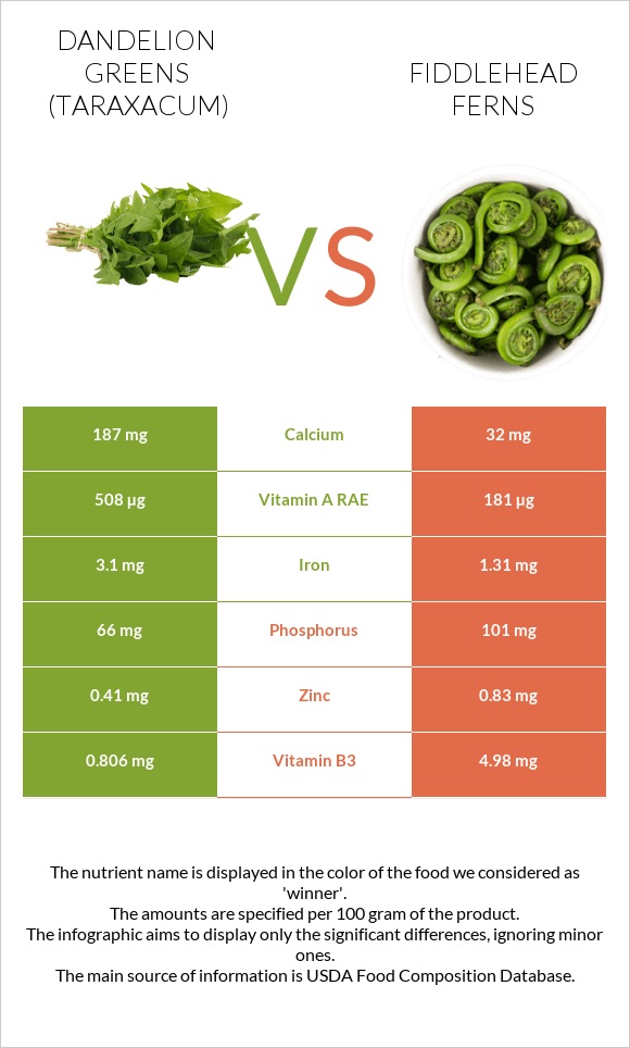 Dandelion greens vs Fiddlehead ferns infographic