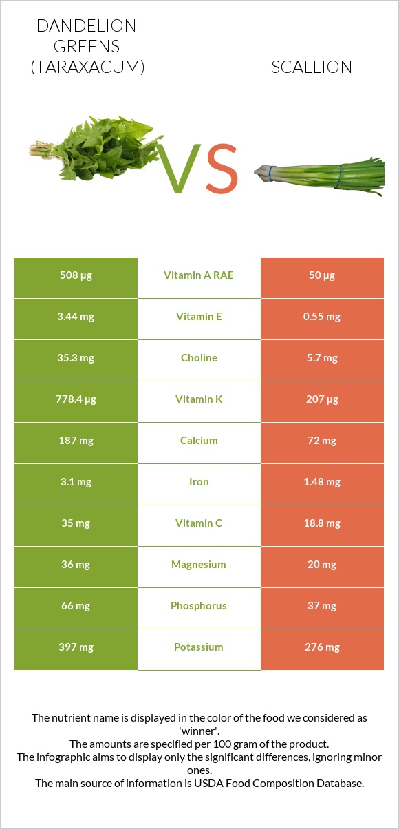 Dandelion greens vs Scallion infographic