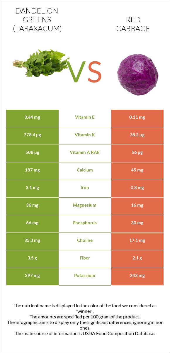 Dandelion greens vs Red cabbage infographic