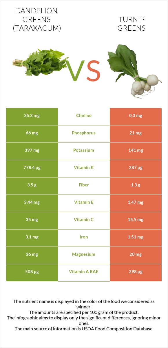 Dandelion greens vs Turnip greens infographic