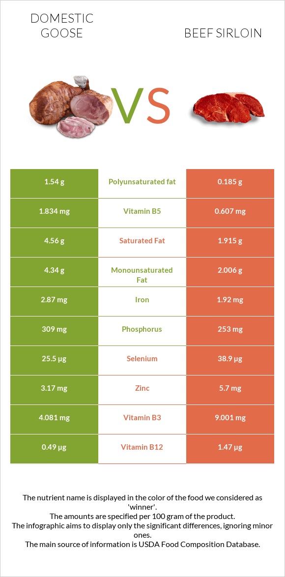 Ընտանի սագ vs Beef sirloin infographic