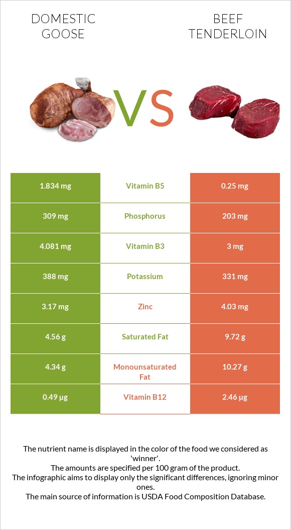 Domestic goose vs Beef tenderloin infographic