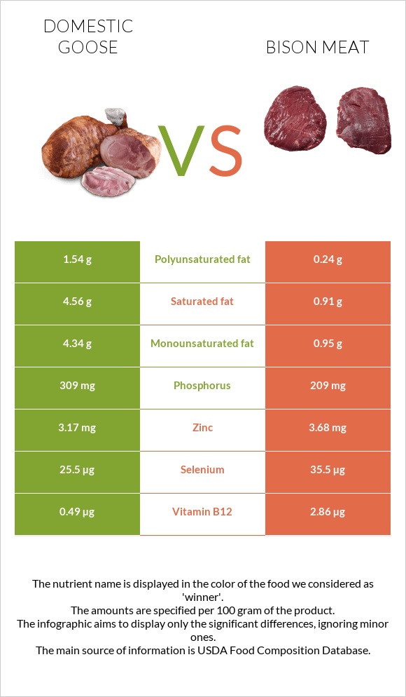 Ընտանի սագ vs Bison meat infographic