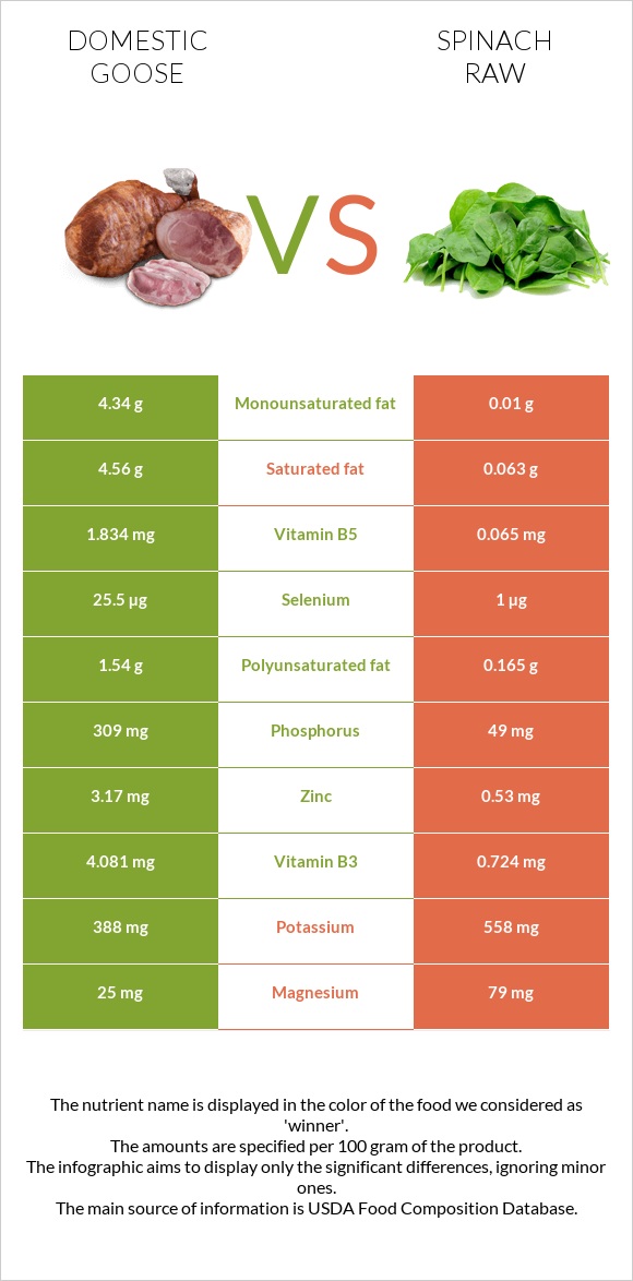 Domestic goose vs Spinach raw infographic