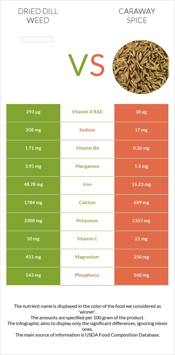 Dried dill weed vs Caraway spice infographic