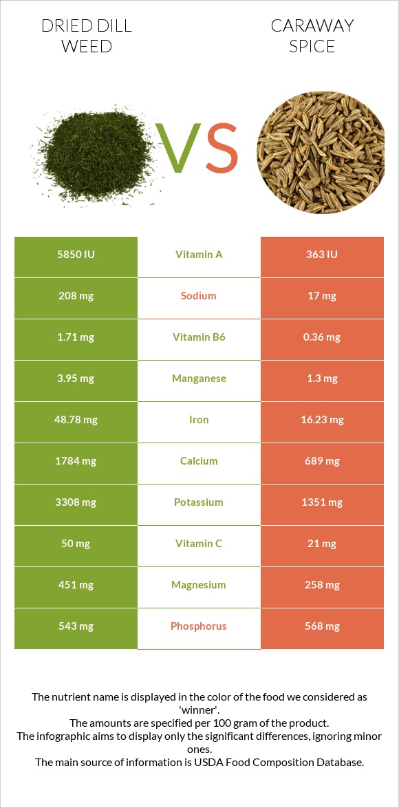 Dried dill weed vs Caraway spice infographic